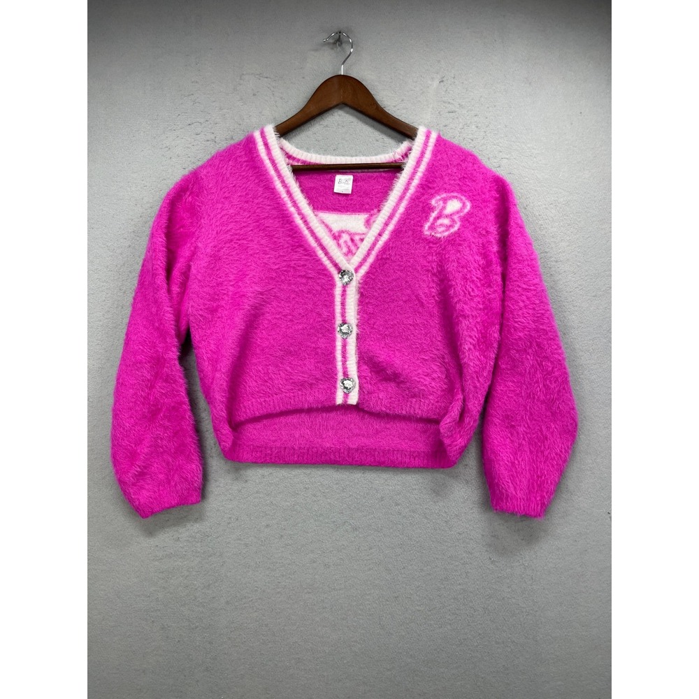 Barbie Cardigan Sweater Womens L Pink Fuzzy V Neck Varsity Logo Barbiecore